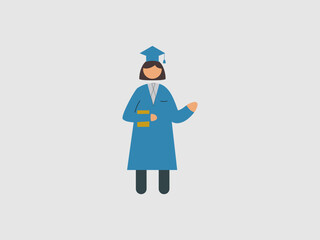 a stylized female figure in a blue graduation gown and cap