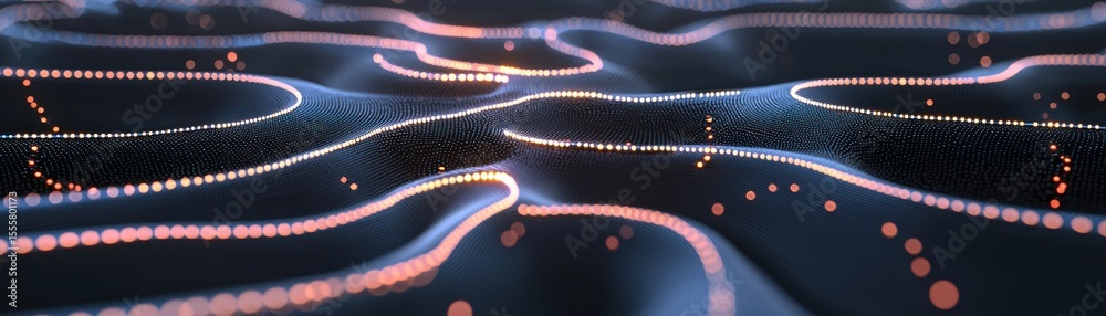 Poster abstract digital landscape with glowing lines and dots forming fluid, wave-like patterns on a dark s