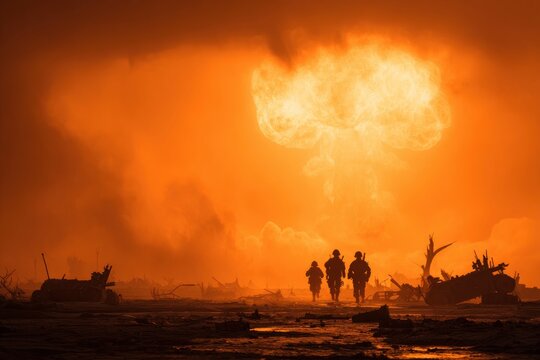 Three silhouetted soldiers walk through a devastated landscape under a mushroom cloud