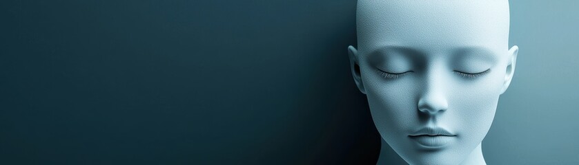 Fototapeta premium A serene, futuristic humanoid figure with closed eyes, featuring a textured, light-blue surface against a dark background, robotic AI
