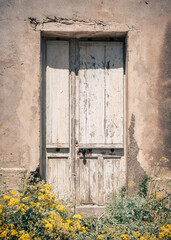 An old wooden door with flaking white paint on an abandoned building at Girolata on the Mediterranean island of Corsica with yellow flowers at the entrance