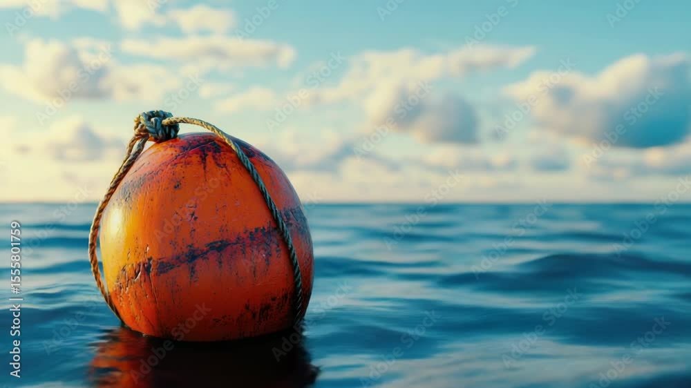 Poster buoy floating on calm ocean waters with a vibrant orange color