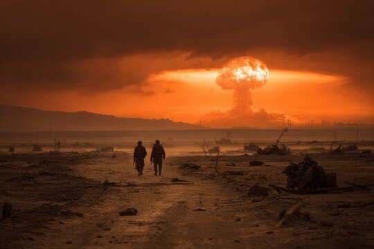 Two soldiers walk through a desolate wasteland with a mushroom cloud dominating the horizon