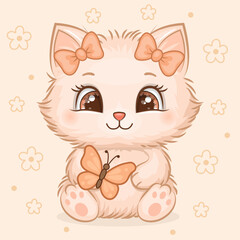 Cute Cartoon Kitten with Hair Bows and Butterfly – Vector Illustration