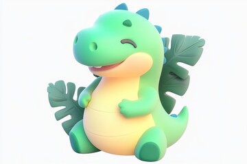 Fototapeta premium 3D cartoon dinosaur hugging in jungle green and belly yellow with ultra-high-definition isometric view on white background