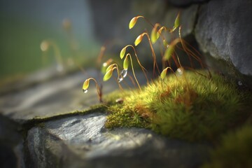 Moss Sporophytes with Dew Drops on Stone