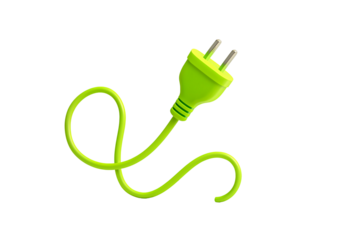 A bright green electrical plug with a coiled cord against a plain black studio background image shot