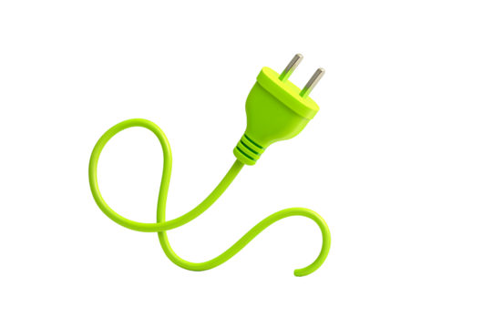 A bright green electrical plug with a coiled cord against a plain black studio background image shot