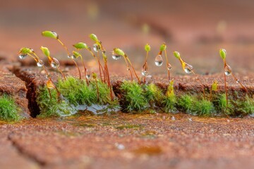 Moss Sprouts with Dew Drops on Brick