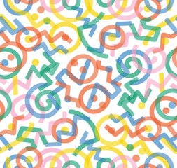 Memphis geometric seamless pattern. Multicolor abstract background in retro 80s, 90s style with various shapes: circles, semicircles, dots, zigzags, spirals, wavy lines. Cute kid doodle design