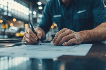 Auto check-up and car service shop concept: Mechanic writing a job checklist to estimate repair quotations for a client at a workshop garage., Generative AI