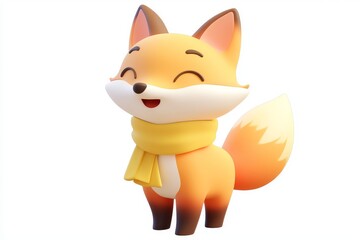 Fototapeta premium 3D cartoon fox icon with terracotta orange scarf and cream beige fur in ultra-high-definition isometric view on white background