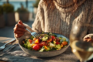 Woman Enjoying a Delicious Salad Outdoors
