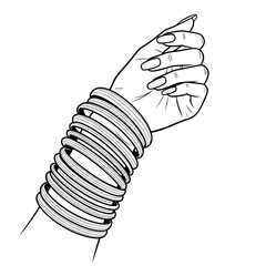 Hand adorned with multiple bangles and stylish manicure in minimalist line art style with copy space