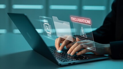Person typing on laptop with digital interface showing A I and alert