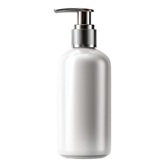 White pump bottle isolated on a transparent background. Plastic dispenser container with silver pump cap, front view. Used for soap, lotion, shampoo, sanitizer, cosmetic liquid products.