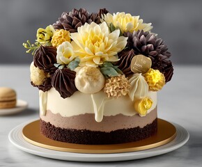 a delectable cake takes center stage, lavishly adorned with a variety of flowers and intricate decorations