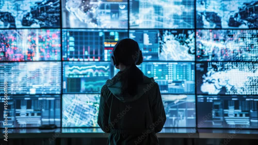 Poster a person standing in front of a large screen, possibly a presentation or movie theater