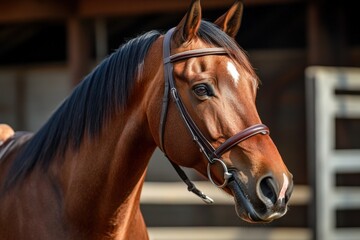Fototapeta premium Bridled Bay Horse in Front of Stable, Closeup Photo.