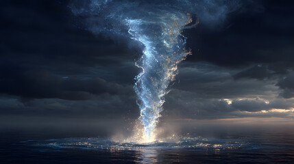 A divine pillar of water rising from the sea into the sky spinning like a slow-motion vortex surrounded by storm clouds and illuminated by lightning
