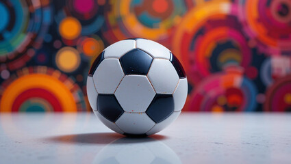 Fototapeta premium A realistic soccer ball placed on a surface with vibrant circular abstract patterns in the background. Designed for creative campaigns, youth sports events, or dynamic visuals.
