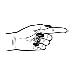 Hand with manicure pointing finger in minimalist line art style with copy space