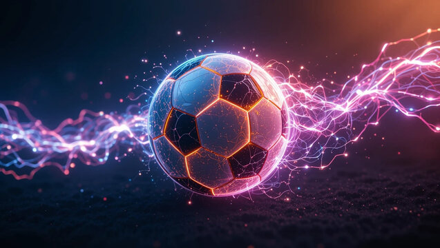 A highly realistic soccer ball surrounded by dynamic glowing energy waves and neon effects, set against a dark digital backdrop. Perfect for gaming, sci-fi sports, or creative digital use.