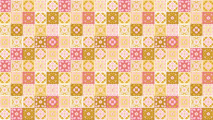A floral patchwork pattern with alternating pink and yellow squares in a seamless design style
