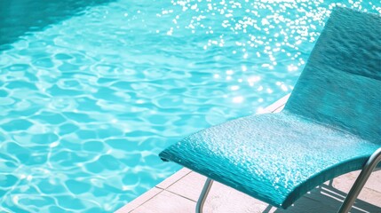 Fototapeta premium Close up of a turquoise chaise lounge on a pool deck with bright turquoise pool water in the background on a sunny summer day