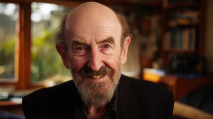 Naklejka premium Warmly smiling elderly man with a bald head, gray beard, and expressive eyes wearing a dark suit jacket in a cozy indoor setting with wooden elements, large window, natural light, greenery view, 
