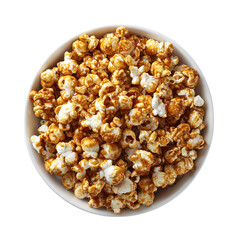 Caramel popcorn on white bowl top view on transparent background