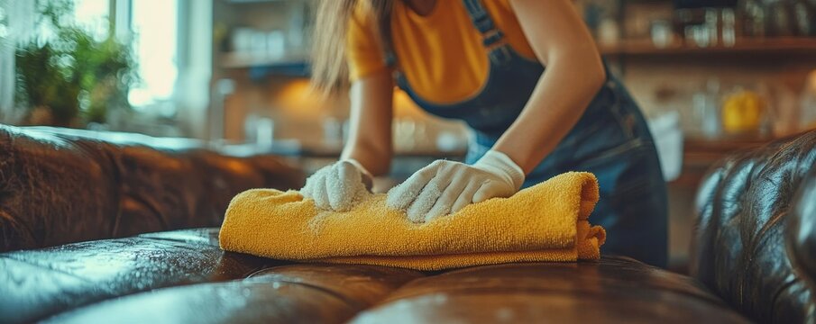 Housekeeper doing chores: Close-up view of a housemaid cleaning furniture with sanitizer spray and wiping with a wet cloth., Generative AI