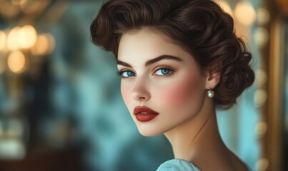 Elegant woman in retro look, dressed in vintage attire with poise and grace, showcasing a classic and timeless style, Generative AI