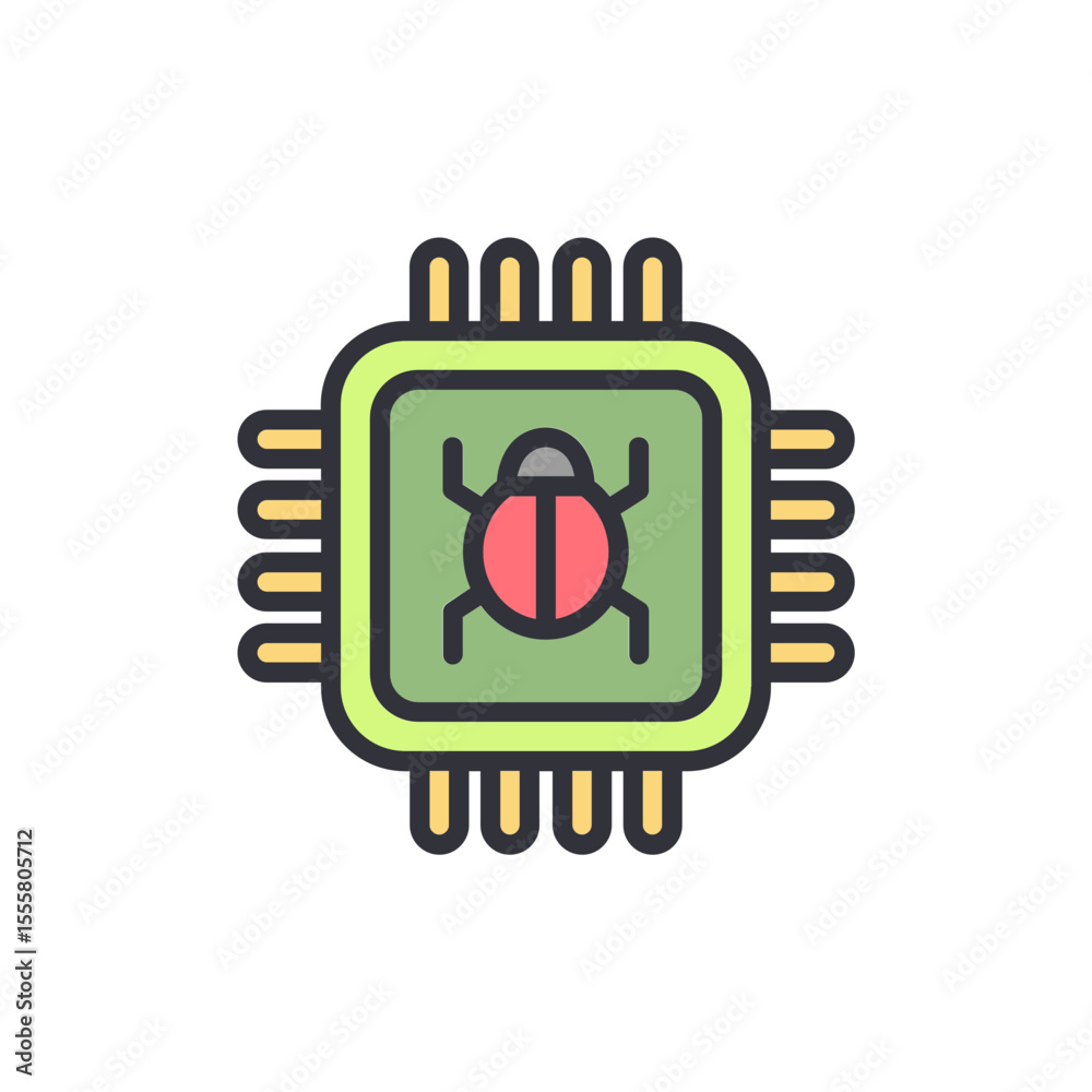 Poster computer chip with bug symbolizing software glitches and errors