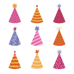 Lovely birthday party hat set with childish decoration, flower, star pompon above. Hand drawn cartoon paper cone doodle for festival, circus. Colorful New Year cap collection isolated on background.