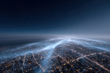 Futuristic cityscape with glowing data streams at night illustrating information flow