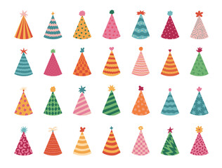 Big lovely set with birthday party hat with different ornament and pompons. Striped, wavy, checked paper cone for happy event, festival. Hand drawn flat New Year cap collection isolated on background