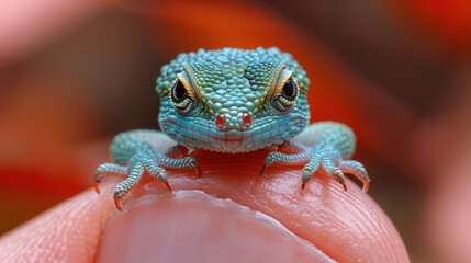 Tiny green lizard sitting on tip of your finger, macro photography, gaze, in style of fantastic realism, miniature, natural phenomena. Cute reptile. Blurred background. Close-up. Copy space for text.