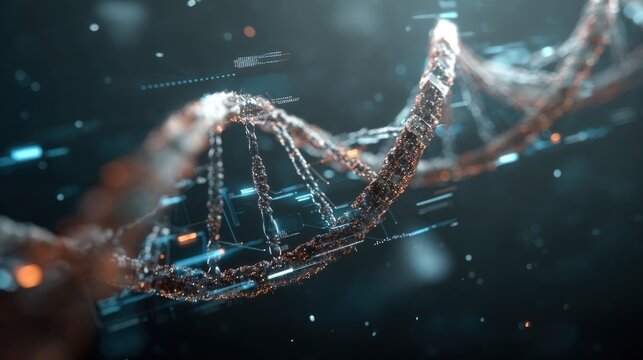 Abstract DNA Strand with Digital Data Overlay