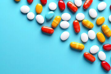 Incredible colorful scattered pills with pills at the top of the screen on a light blue background