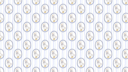 Seamless pattern with ducklings in scalloped frames on a striped background in pastel colors pattern design