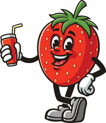 Strawberry character cartoon holding soft drink