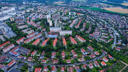 A panorama aerial view around the old town of the city Hardhöhe Fürth in Germany on a sunny spring morning