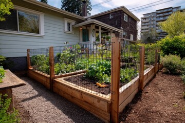 Fence grid framing tidy vegetable garden and planter layout, house siding in background