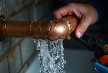 Burst Copper Pipe with Water Leaking – Plumbing Disaster and Emergency Repair Concept

