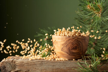 Flying peeled pine nuts on a dark green background.