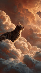 Naklejka premium Dreamy Cat in Cloudy Sky: Whimsical Feline in Surreal Landscape