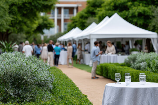 Guests attending a garden party with white tents and refreshments