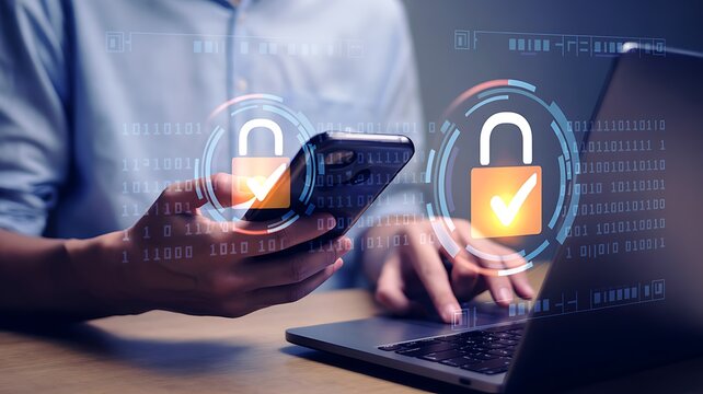 Person using smartphone and laptop with digital security icons