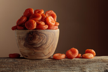 Organic dried apricots in a wooden dish on a brown background.